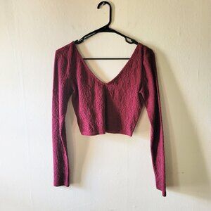 Red Cropped Long Sleeve V Neck Textured Top Size M